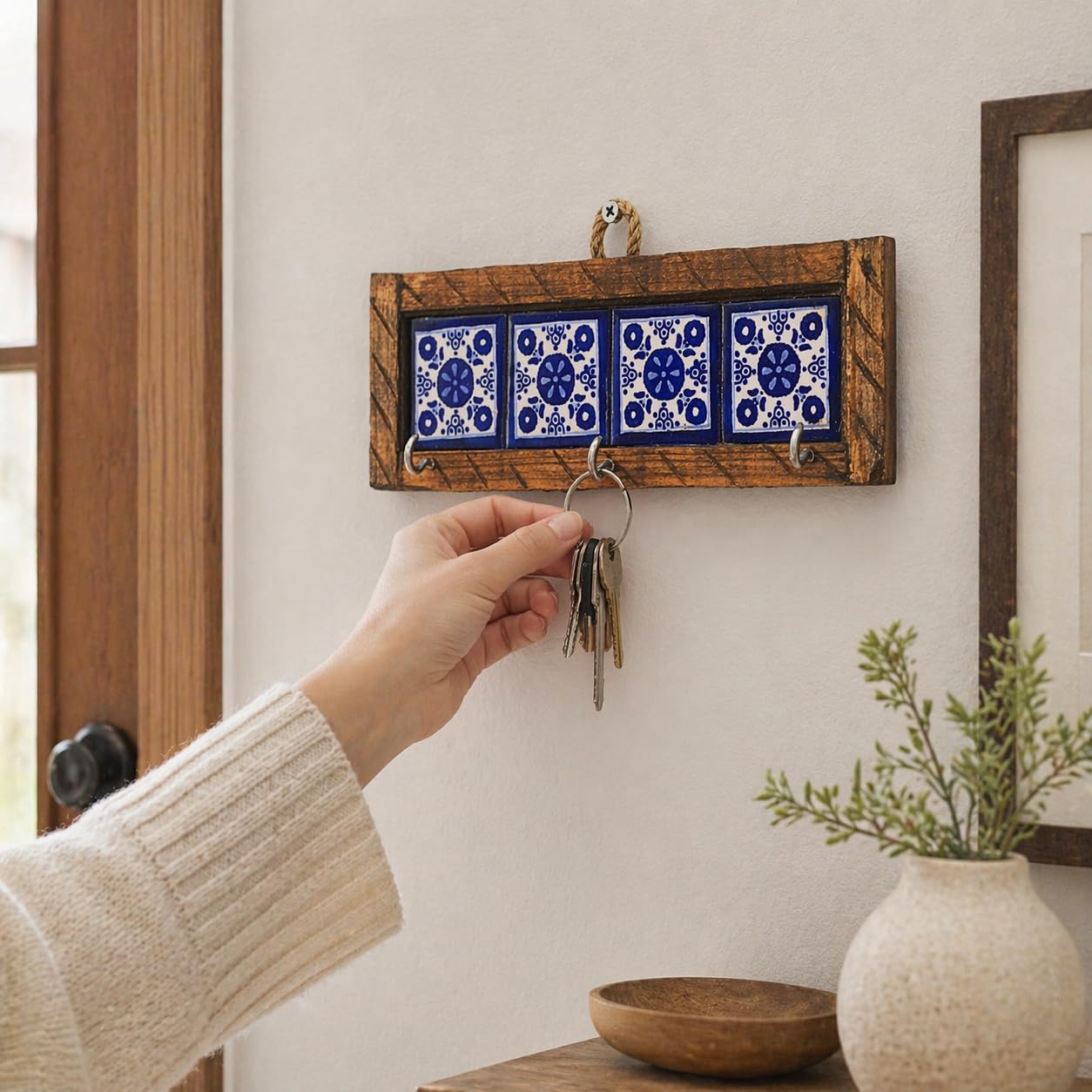 Mexican Talavera Key Holder – Handcrafted Wooden & Ceramic Wall
